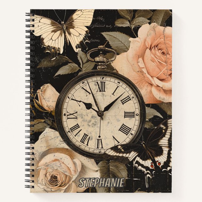 Vintage Compass Butterfly Floral Brown Notebook (Front)