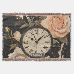 Vintage Compass Butterfly Floral Brown Throw Blanket