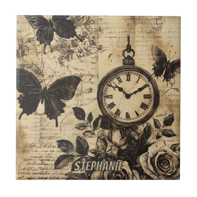 Vintage Compass & Butterfly - Rustic Paper (1) Tile (Front)