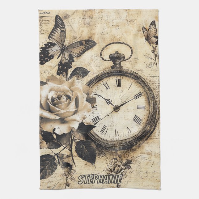 Vintage Compass & Butterfly - Rustic Paper (2) Kitchen Towel (Vertical)