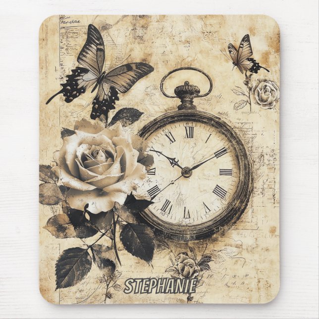 Vintage Compass & Butterfly - Rustic Paper (2) Mouse Pad (Front)
