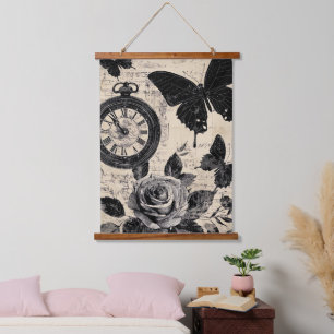 Vintage Compass & Butterfly - Rustic Paper (3) Hanging Tapestry