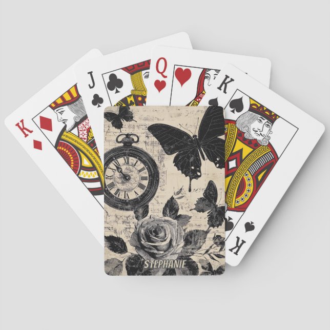 Vintage Compass & Butterfly - Rustic Paper (3) Playing Cards (Back)