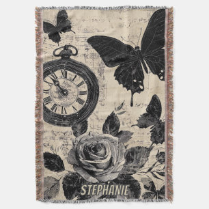 Vintage Compass & Butterfly - Rustic Paper (3) Throw Blanket