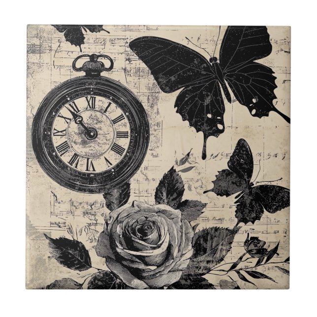 Vintage Compass & Butterfly - Rustic Paper (3) Tile (Front)