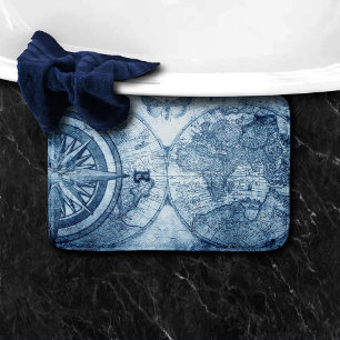 Vintage Compass Decor   Blue Grunge Nautical Chart Bath Mat
