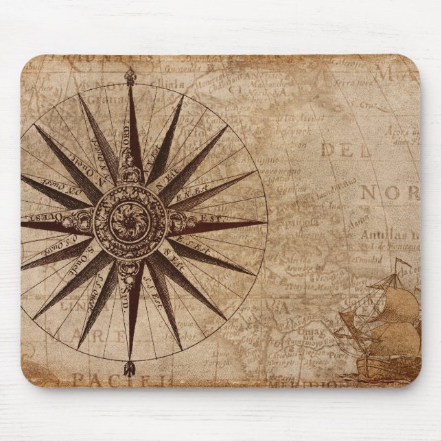 Vintage Compass Nautical Map Mouse Pad (Front)