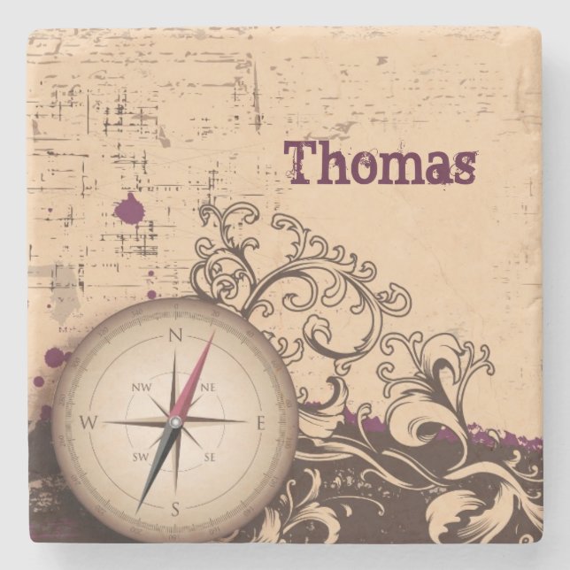 Vintage Compass Personalized Stone Coaster (Front)