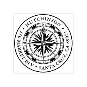 Vintage Compass Round Nautical Return Address Rubber Stamp