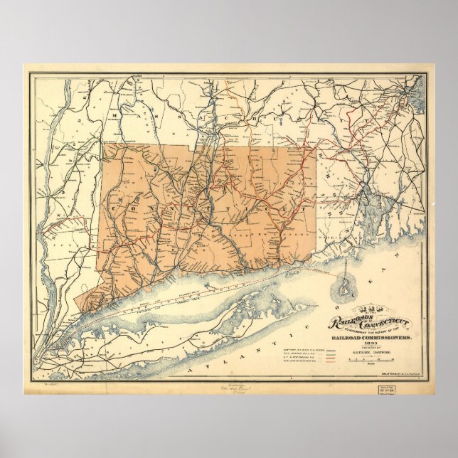 Vintage Connecticut Railroad Map (1893) Poster (Front)