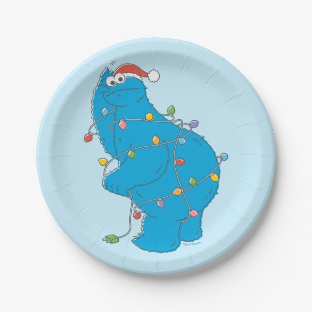 Vintage Cookie Monster Christmas Lights Paper Plate (Front)