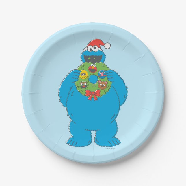 Vintage Cookie Monster Christmas Wreath Paper Plate (Front)