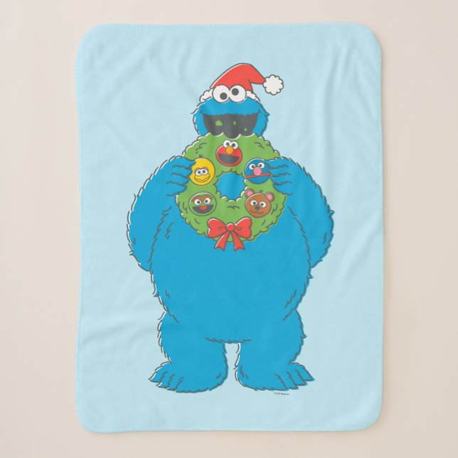 Vintage Cookie Monster Christmas Wreath Sherpa Blanket (Front)