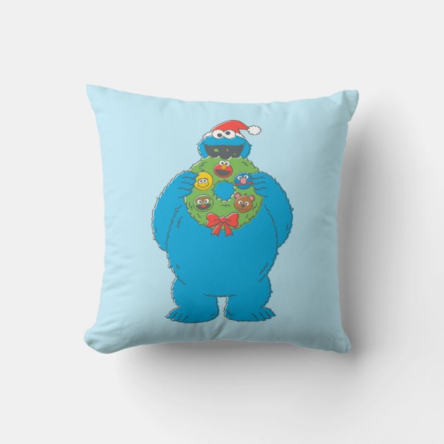 Vintage Cookie Monster Christmas Wreath Throw Pillow (Front)