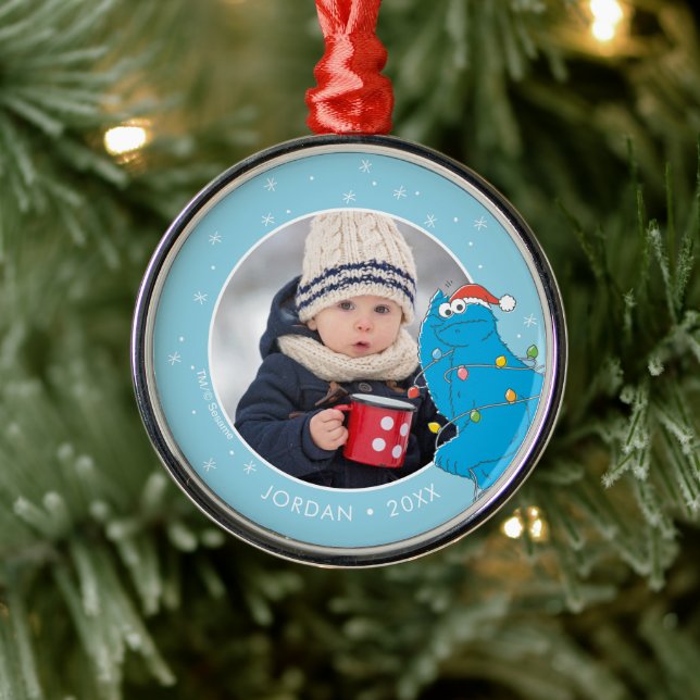 Vintage Cookie Monster | Name & Photo Metal Ornament (Tree)