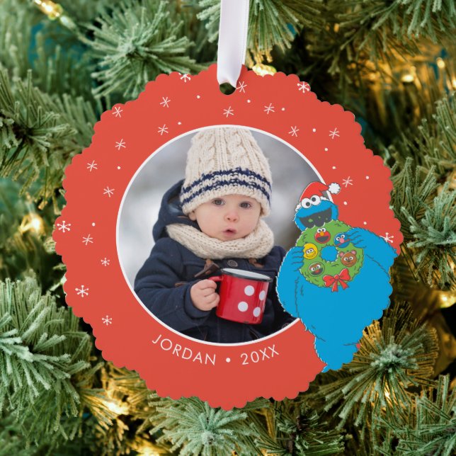 Vintage Cookie Monster | Name & Photo Ornament Card (Insitu (Tree))