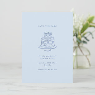 Vintage Cool Blue Doodle Minimalist Wedding Cake Save The Date