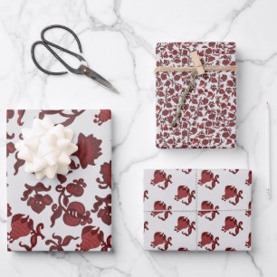 vintage cool modern floral red grey pattern wrapping paper sheet