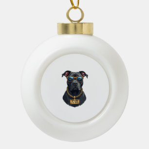 Vintage Cool Pitbull in Sunglasses with Gold Chain Ceramic Ball Christmas Ornament
