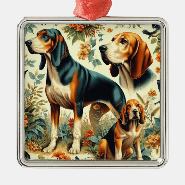 Vintage Coonhound Seamless Painting Metal Ornament (Front)