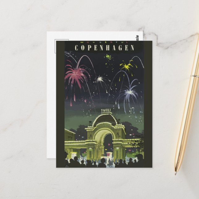 Vintage Copenhagen Illustration Travel Poster Postcard (Front/Back In Situ)