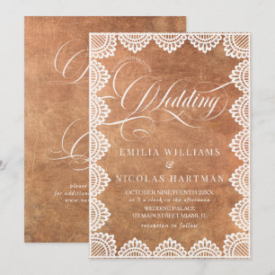 Vintage Copper Ivory Lace All In One Wedding Invitation