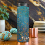 Vintage Copper Patina with Turquoise Calligraphy Thermal Tumbler<br><div class="desc">This design showcases a beautiful blend of vintage copper patina and delicate turquoise calligraphy, offering a unique and artistic touch. The rich textures and vibrant colours evoke a sense of timeless elegance, perfect for adding character to invitations, home decor, or personal stationery. The fusion of aged copper tones with the...</div>