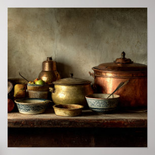 Vintage Copper Pots & Ceramic Bowls - Kitchen Poster