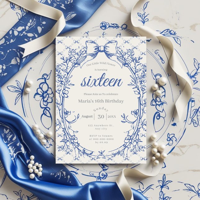 Vintage Coquette Blue Bow floral Invitation (Creator Uploaded)