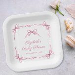 Vintage Coquette Bows Pink Baby Girl Shower Paper Plate<br><div class="desc">Cute baby girl shower paper plates featuring a pink borders of delicate watercolor ribbons and coquette bows,  blending a minimal aesthetic with a touch of vintage charm. The words "Baby Shower" and the name of the mother-to-be are showcased in an elegant pink script.</div>