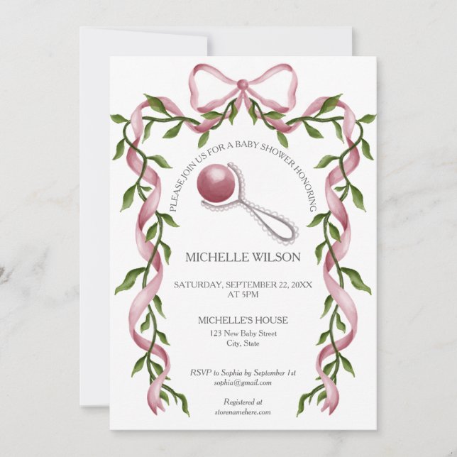 Vintage Coquette Greenery Pink Bow Baby Girl Invitation (Front)