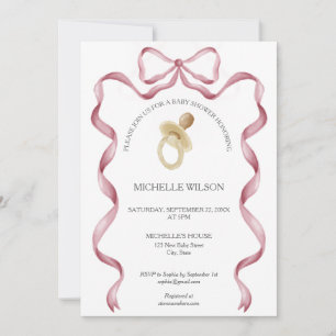 Vintage Coquette Pink Ribbon Bow Baby Girl Invitation