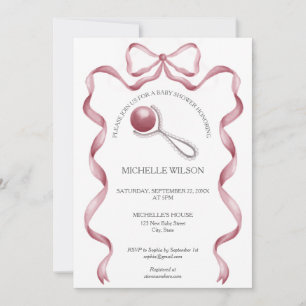 Vintage Coquette Pink Ribbon Bow Baby Girl Invitation