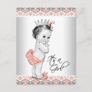 Vintage Coral and Grey Baby Girl Shower Invitation