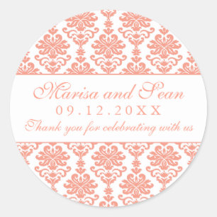 Vintage Coral and White Damask Wedding Monogram Classic Round Sticker