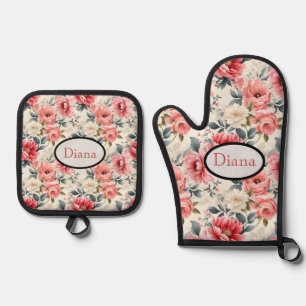 Vintage Coral Pink Floral  Oven Mitt & Pot Holder Set