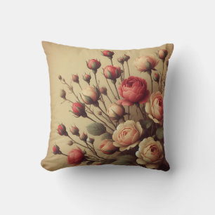 Vintage Coral Rose Buds Classical Floral Throw Pillow