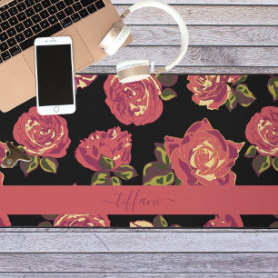 Vintage Coral Roses Black Floral Editable Name Desk Mat