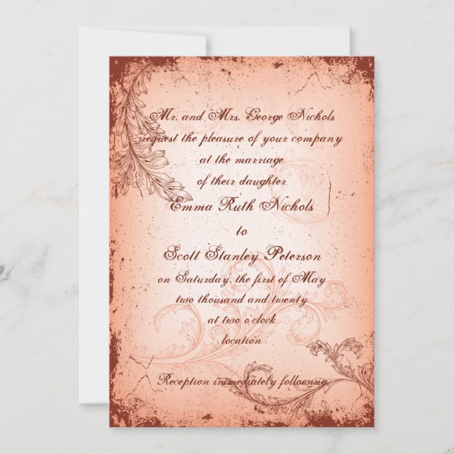 Vintage coral scroll leaf wedding invite (Front)