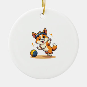 Vintage Corgi Volleyball Dog Vector Illustration S Ceramic Ornament