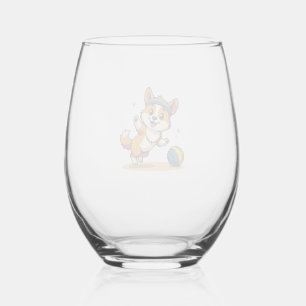 Vintage Corgi Volleyball Dog Vector Illustration S Stemless Wine Glass