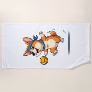 Vintage Corgi Volleyball Illustration Cute Dog Ath Beach Towel