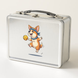 Vintage Corgi Volleyball Illustration Cute Dog Ath Metal Lunch Box