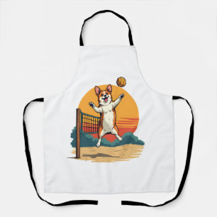 Vintage Corgi Volleyball Retro Sunset Vector Illus Apron