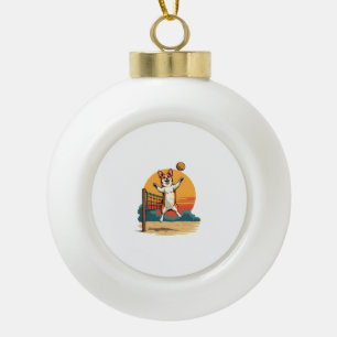 Vintage Corgi Volleyball Retro Sunset Vector Illus Ceramic Ball Christmas Ornament