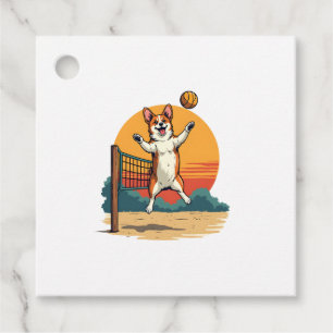 Vintage Corgi Volleyball Retro Sunset Vector Illus Favour Tags