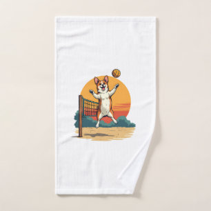 Vintage Corgi Volleyball Retro Sunset Vector Illus Hand Towel