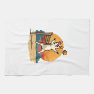 Vintage Corgi Volleyball Retro Sunset Vector Illus Kitchen Towel