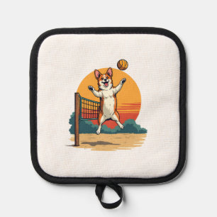 Vintage Corgi Volleyball Retro Sunset Vector Illus Pot Holder