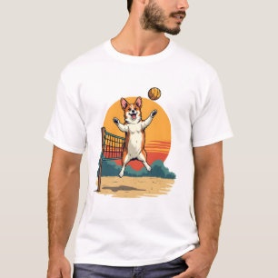 Vintage Corgi Volleyball Retro Sunset Vector Illus T-Shirt